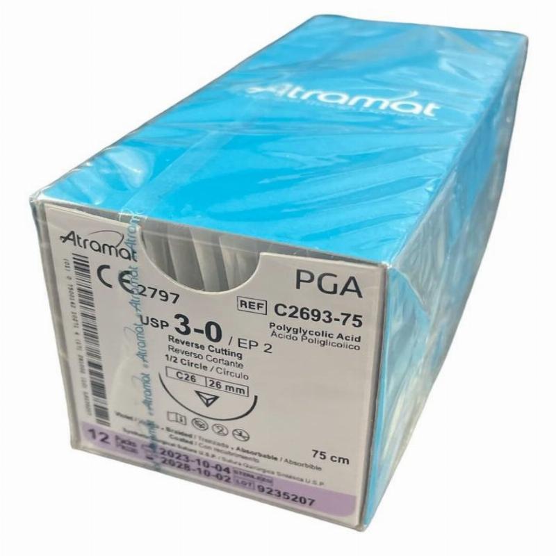 PGA (полігліколід) C2693-75 плетений фіолетовий, що розсмоктується USP 3-0 (EP2) зі зворотн.-ріж. голкою 26мм, 1/2 кола, довж. нитки 75см